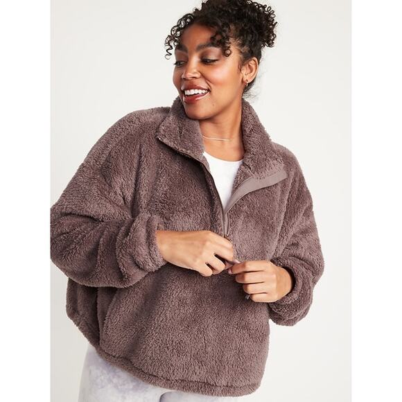 Old Navy High Neck Half Zip Sherpa Sweatshirt Mythical Brown Fuzzy Teddy NWT 4X - Picture 1 of 6